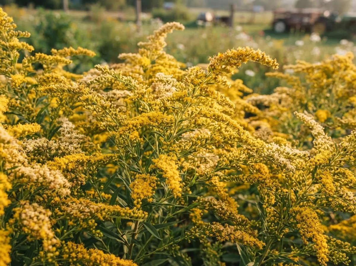 Tall goldenrod in full yellow flower across a late summer meadow